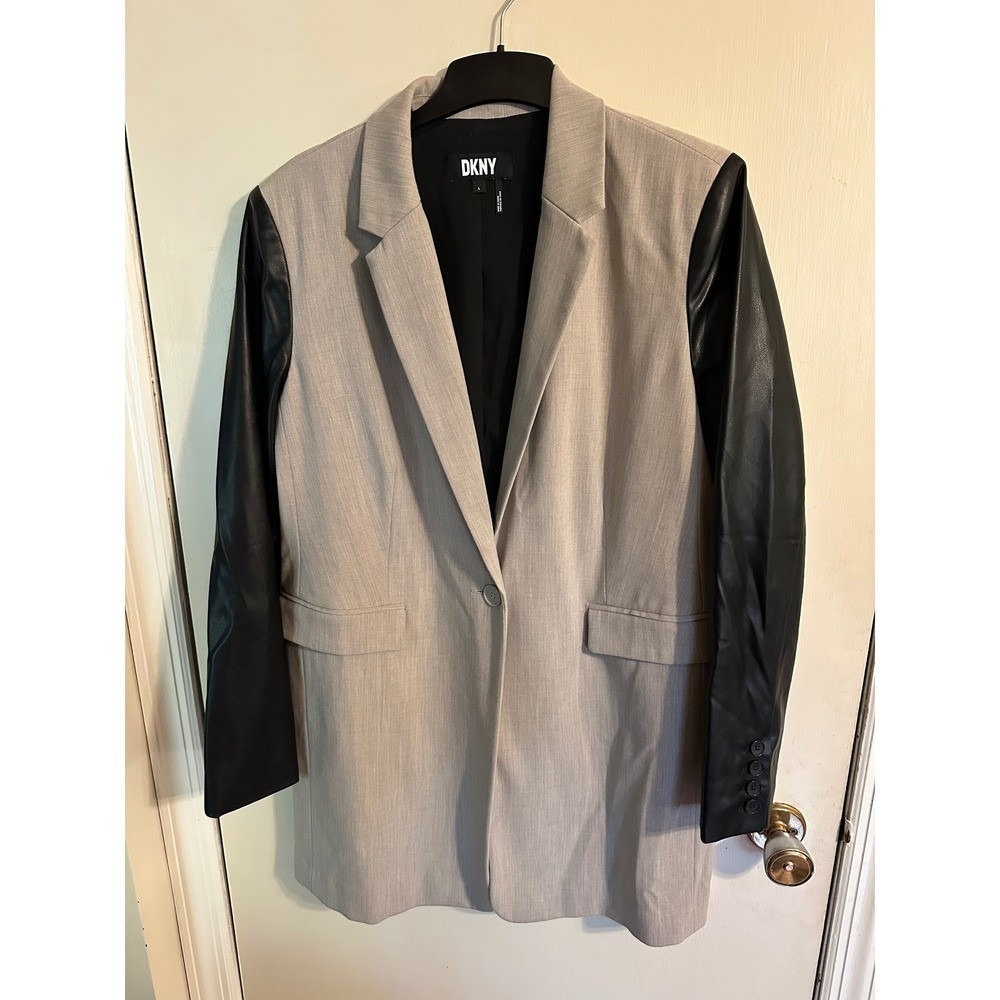 DKNY Blazer Mixed Media Tan & Black Faux Leather Sleeve Career Jacket Woman's L